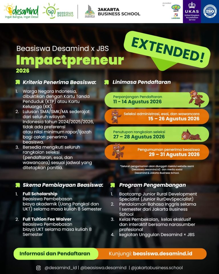 Pendaftaran Beasiswa Desamind x JBS Impactpreneur 2026 dibuka!